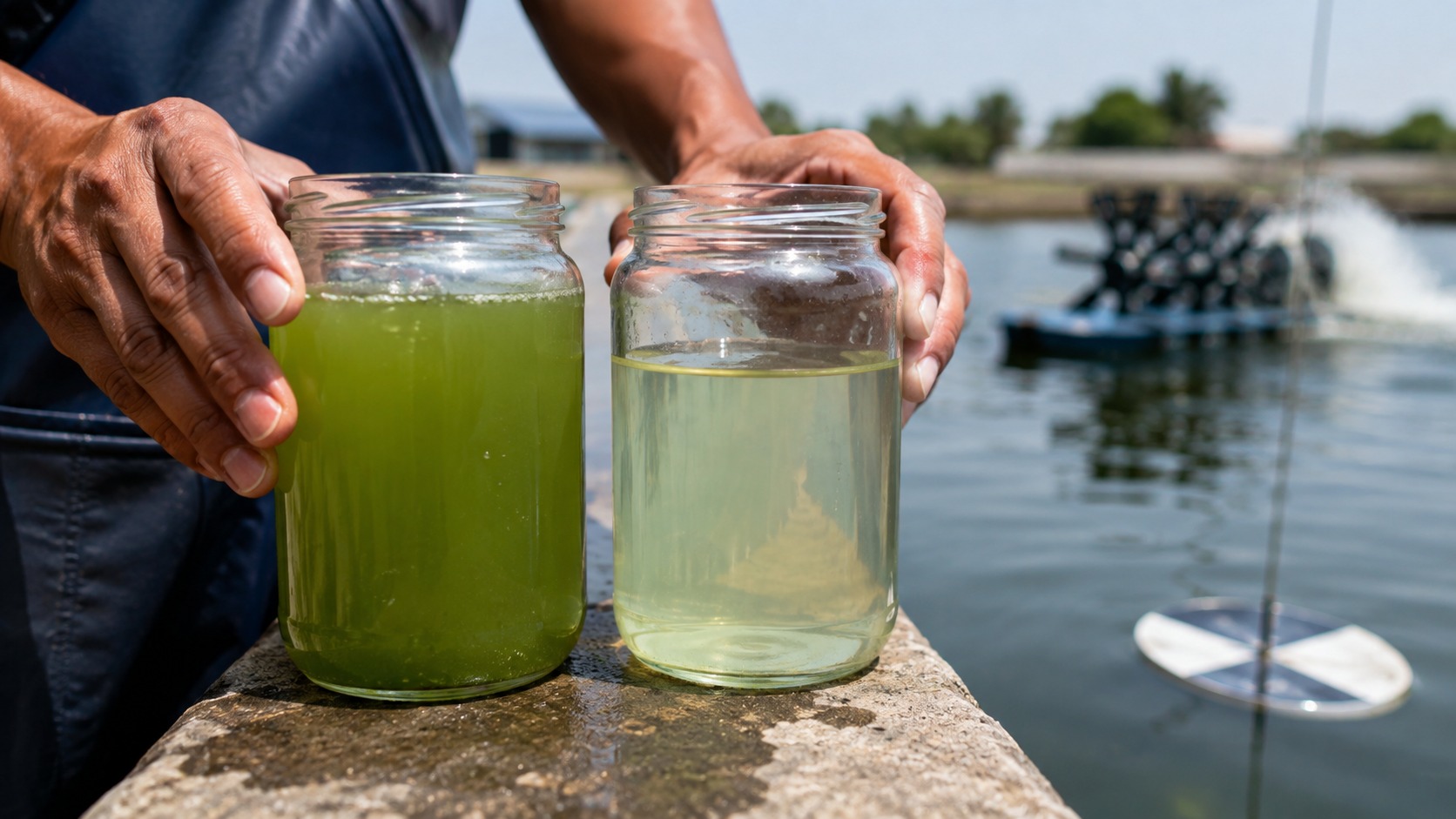 Comparación de dos muestras de agua de estanque de tilapia, una turbia por exceso de algas y otra en su punto óptimo