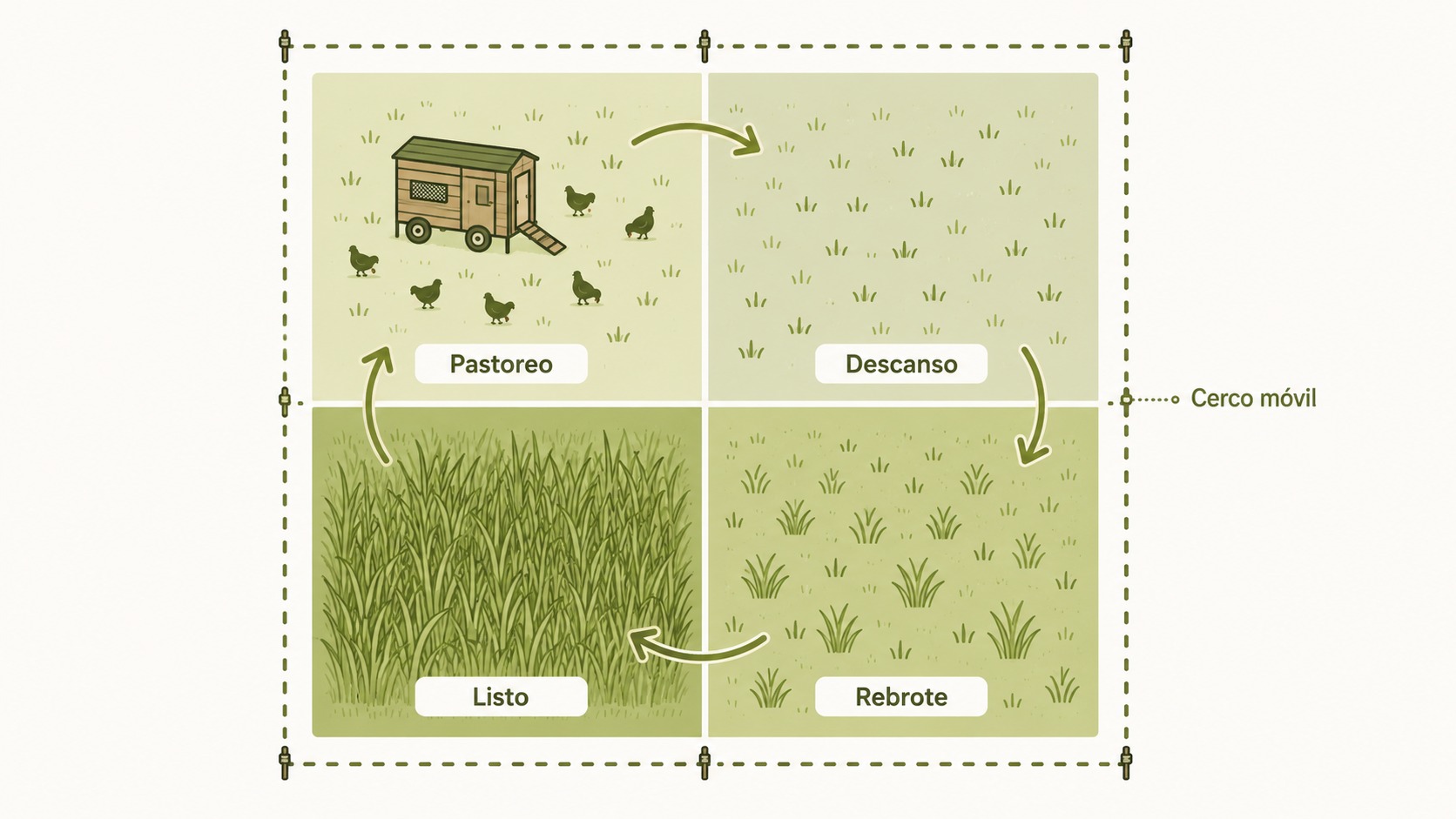 Diagrama del ciclo rotacional de cuatro franjas con el gallinero móvil y las etapas de descanso y rebrote