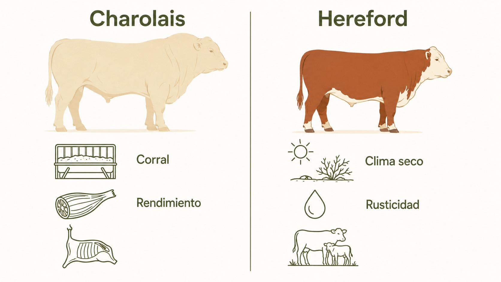 Diagrama comparativo de Charolais y Hereford con los escenarios ideales para cada raza