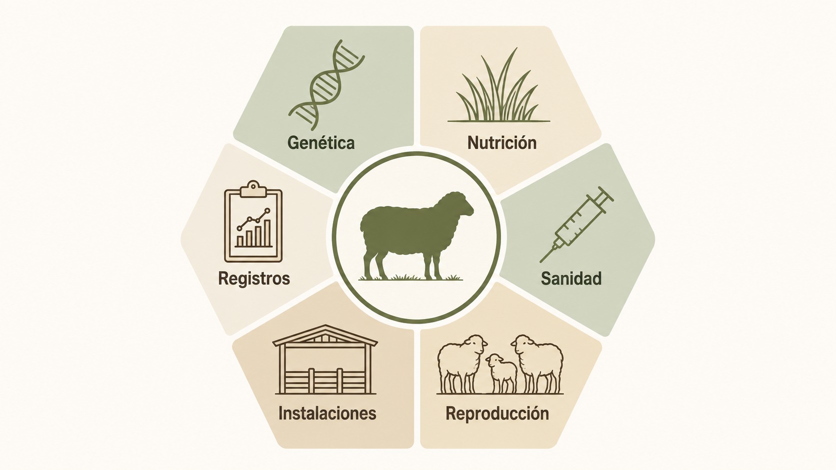 Diagrama radial con los seis pilares del manejo ovino profesional alrededor de una oveja