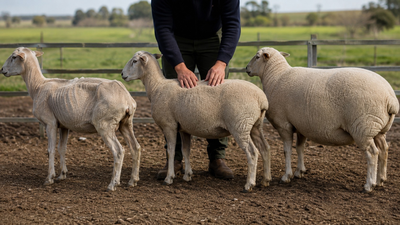 Tres ovejas con distinta condición corporal y un productor palpando el lomo de una de ellas