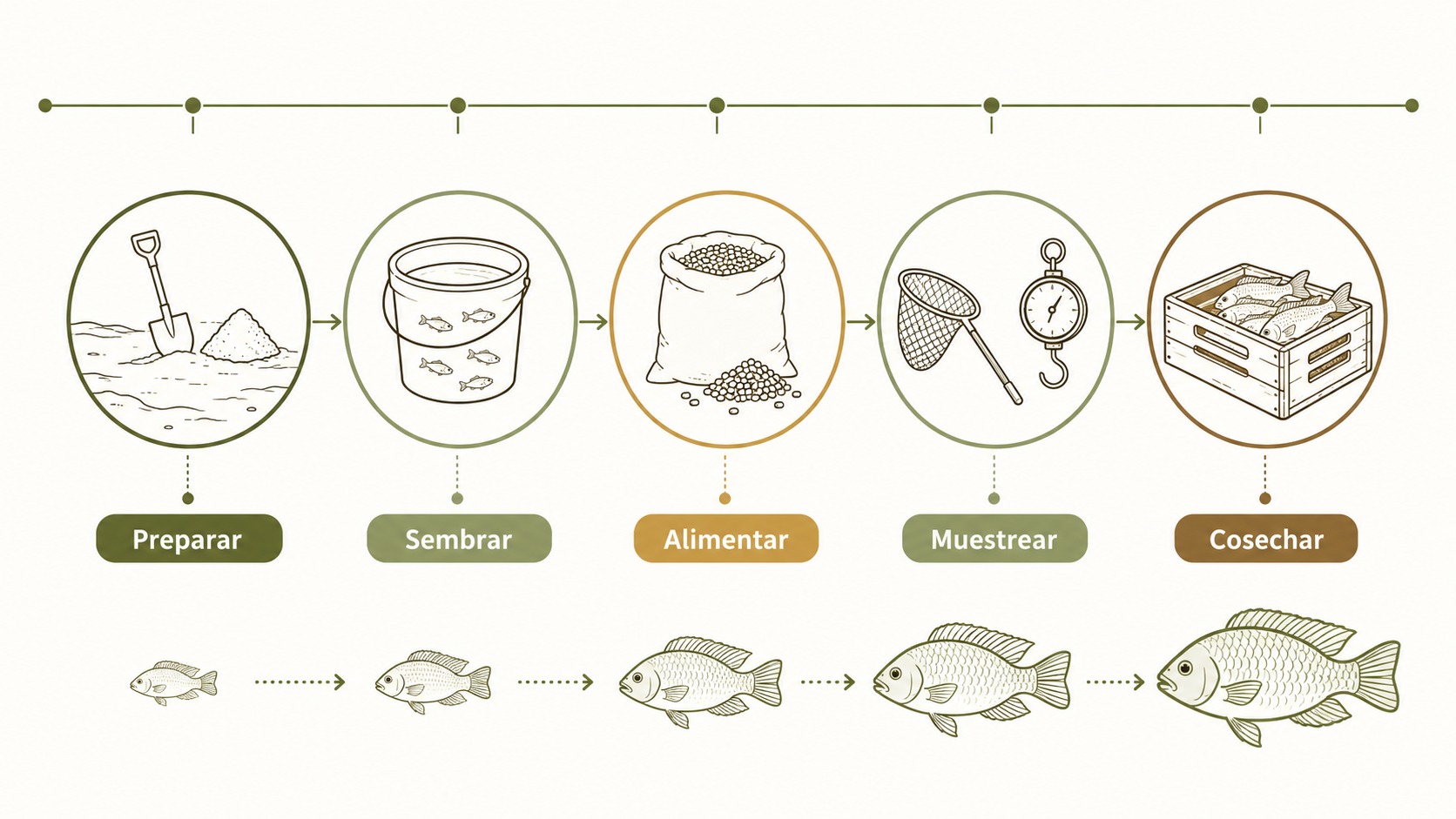 Diagrama del ciclo de cultivo de tilapia en cinco pasos, de la preparación del estanque a la cosecha