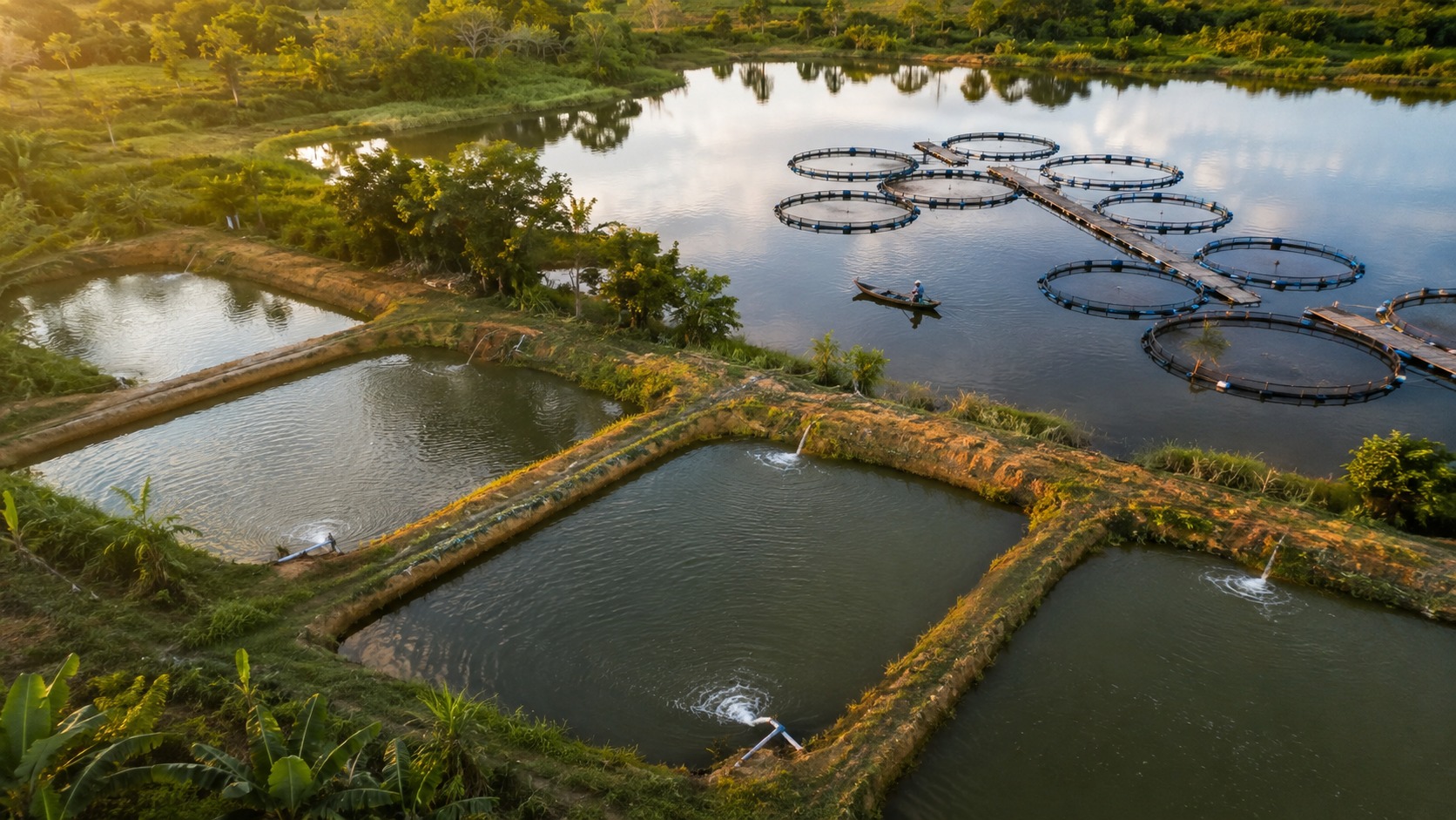 Vista aérea de estanques rústicos de tierra y jaulas flotantes de tilapia en el mismo paisaje