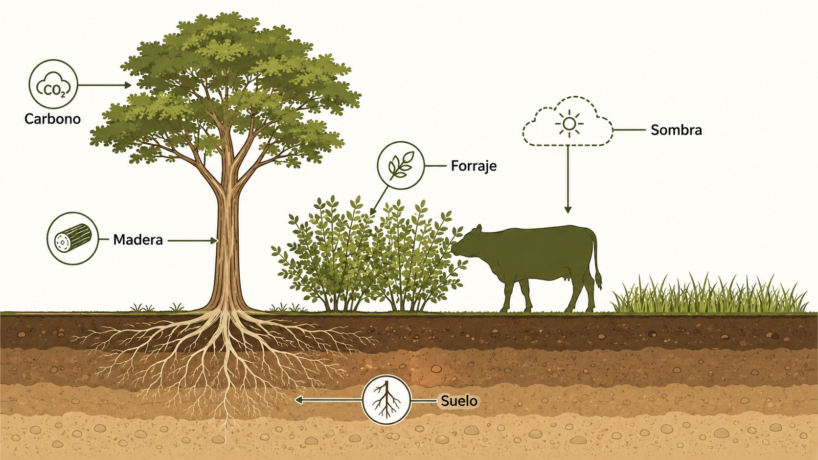 Diagrama de corte de un sistema silvopastoril con sus beneficios de sombra, forraje, captura de carbono, suelo y madera
